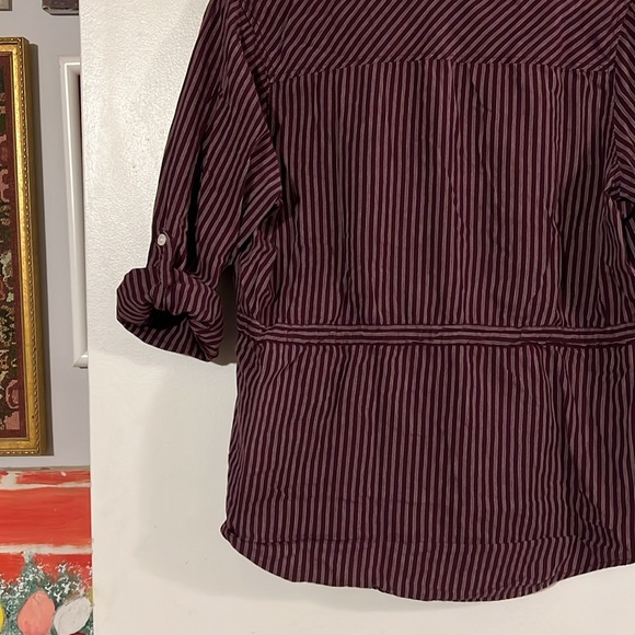 Merona wine/white stripe blouse. Drawstring waist. Convertible sleeve - Picture 8 of 10
